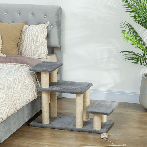 PawHut Escada para Animais Ajustável de 3 ou 4 Degraus Escada para Gatos com Postes Arranhadores Bola Suspensa para Cama Sofá Peitoris 70x32x68 cm Cinzento