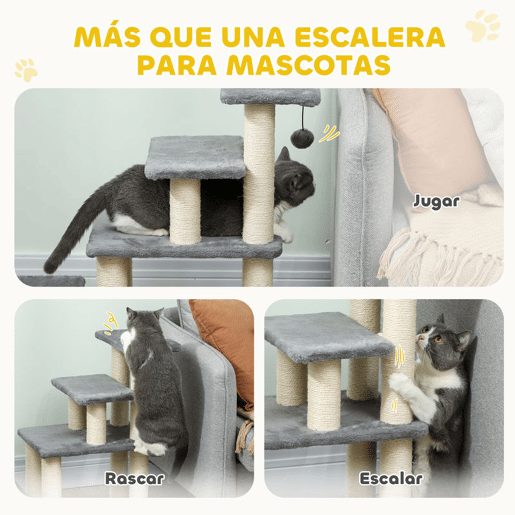 PawHut Escada para Animais Ajustável de 3 ou 4 Degraus Escada para Gatos com Postes Arranhadores Bola Suspensa para Cama Sofá Peitoris 70x32x68 cm Cinzento