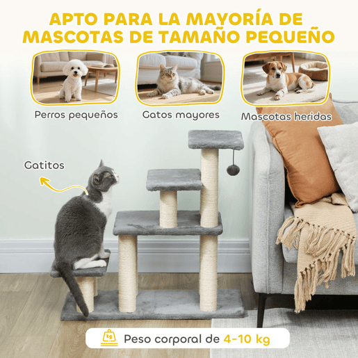 PawHut Escada para Animais Ajustável de 3 ou 4 Degraus Escada para Gatos com Postes Arranhadores Bola Suspensa para Cama Sofá Peitoris 70x32x68 cm Cinzento