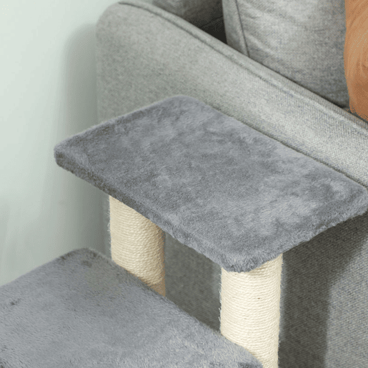 PawHut Escada para Animais Ajustável de 3 ou 4 Degraus Escada para Gatos com Postes Arranhadores Bola Suspensa para Cama Sofá Peitoris 70x32x68 cm Cinzento