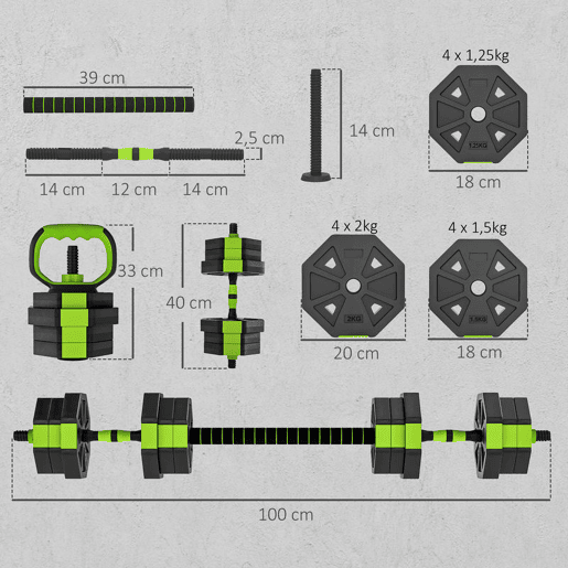 SPORTNOW Conjunto de Halteres Ajustáveis 4 em 1 20 kg Conjunto de Pesos Utilizado como Kettlebell Barra Halteres ou Suporte para Flexões Equipamento de Fitness para Homens e Mulheres Ginásio em Casa