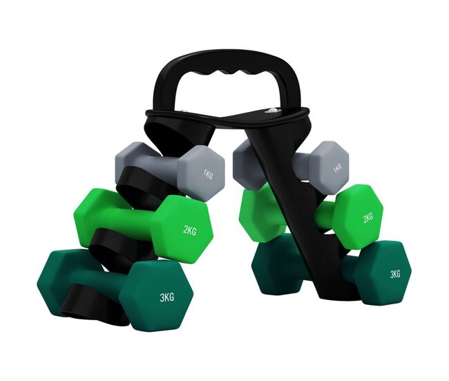 Sportnow juego de mancuernas de 6 piezas 12 kg mancuernas hexagonales con soporte de almacenamiento y mango antideslizante para musculación entrenamiento en casa gimnasio multicolor