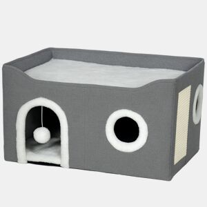 PawHut Casa Dobrável para Gatos, Cama para Gatos com Arranhador, 3 Entradas, Bola Suspensa, Almofada Reversível em Pelúcia e Tipo Linho, para Interior, 60x40x34 cm, Cinzento