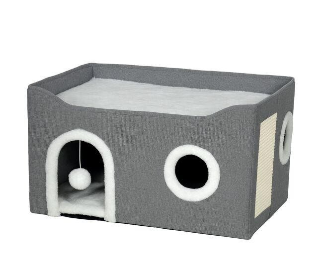 Pawhut casa para gatos plegable, cama para gatos con rascador, 3 entradas, bola colgante, cojín reversible en felpa y tipo lino, para interior, 60x40x34 cm, gris
