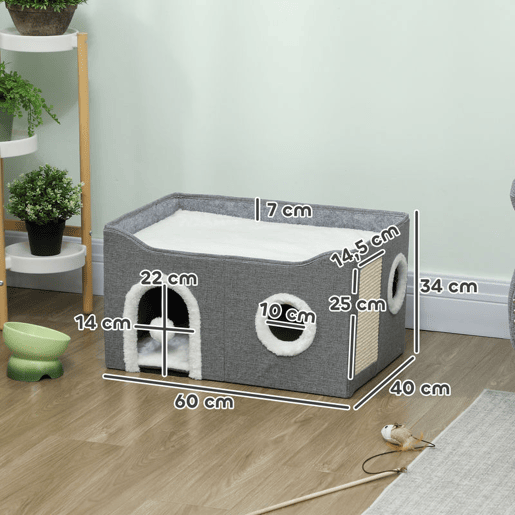 PawHut Casa Dobrável para Gatos, Cama para Gatos com Arranhador, 3 Entradas, Bola Suspensa, Almofada Reversível em Pelúcia e Tipo Linho, para Interior, 60x40x34 cm, Cinzento