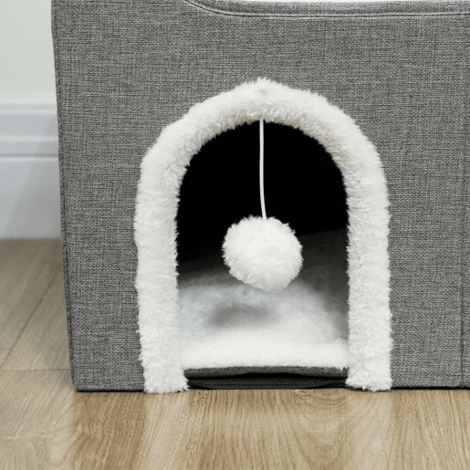 PawHut Casa Dobrável para Gatos, Cama para Gatos com Arranhador, 3 Entradas, Bola Suspensa, Almofada Reversível em Pelúcia e Tipo Linho, para Interior, 60x40x34 cm, Cinzento