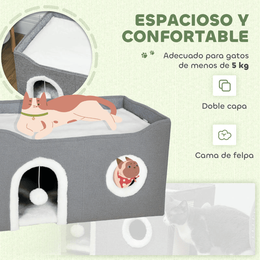 PawHut Casa Dobrável para Gatos, Cama para Gatos com Arranhador, 3 Entradas, Bola Suspensa, Almofada Reversível em Pelúcia e Tipo Linho, para Interior, 60x40x34 cm, Cinzento