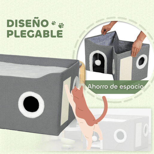 PawHut Casa Dobrável para Gatos, Cama para Gatos com Arranhador, 3 Entradas, Bola Suspensa, Almofada Reversível em Pelúcia e Tipo Linho, para Interior, 60x40x34 cm, Cinzento