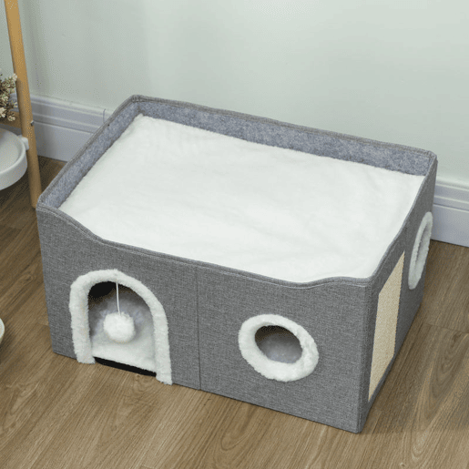 PawHut Casa Dobrável para Gatos, Cama para Gatos com Arranhador, 3 Entradas, Bola Suspensa, Almofada Reversível em Pelúcia e Tipo Linho, para Interior, 60x40x34 cm, Cinzento