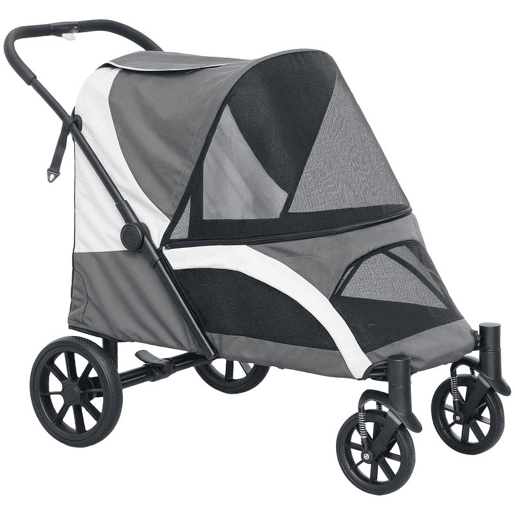 PawHut Carrinho Dobrável para Cães, Carrinho para Cães Grandes até 30 kg com Rodas Grandes, Cintos de Segurança, Amortecedores, Almofada Lavável, Estrutura de Aço, Travão, 124x67x100 cm, Cinzento Escuro