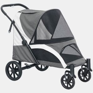 PawHut Carrinho Dobrável para Cães, Carrinho para Cães Grandes até 30 kg com Rodas Grandes, Cintos de Segurança, Amortecedores, Almofada Lavável, Estrutura de Aço, Travão, 124x67x100 cm, Cinzento Escuro