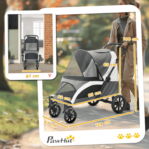 PawHut Carrinho Dobrável para Cães, Carrinho para Cães Grandes até 30 kg com Rodas Grandes, Cintos de Segurança, Amortecedores, Almofada Lavável, Estrutura de Aço, Travão, 124x67x100 cm, Cinzento Escuro