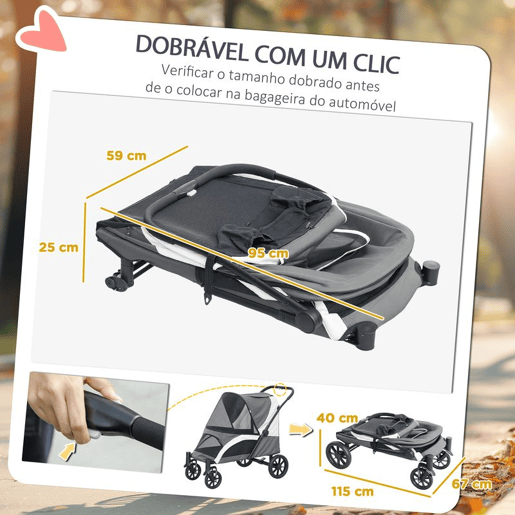 PawHut Carrinho Dobrável para Cães, Carrinho para Cães Grandes até 30 kg com Rodas Grandes, Cintos de Segurança, Amortecedores, Almofada Lavável, Estrutura de Aço, Travão, 124x67x100 cm, Cinzento Escuro