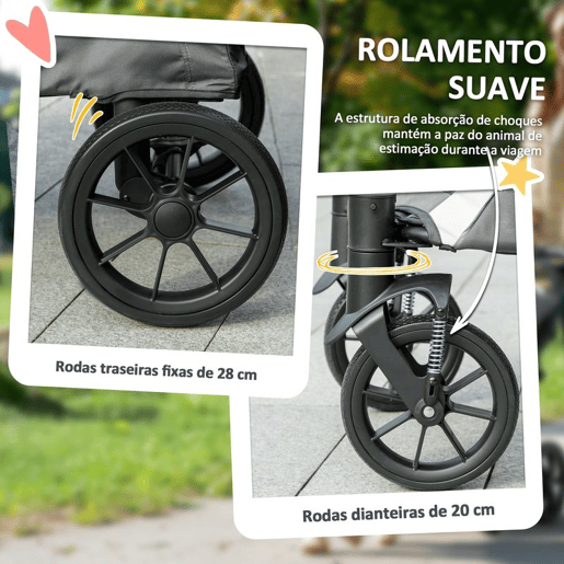 PawHut Carrinho Dobrável para Cães, Carrinho para Cães Grandes até 30 kg com Rodas Grandes, Cintos de Segurança, Amortecedores, Almofada Lavável, Estrutura de Aço, Travão, 124x67x100 cm, Cinzento Escuro