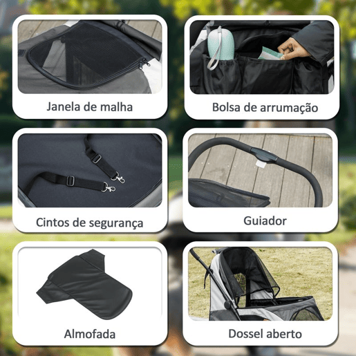 PawHut Carrinho Dobrável para Cães, Carrinho para Cães Grandes até 30 kg com Rodas Grandes, Cintos de Segurança, Amortecedores, Almofada Lavável, Estrutura de Aço, Travão, 124x67x100 cm, Cinzento Escuro