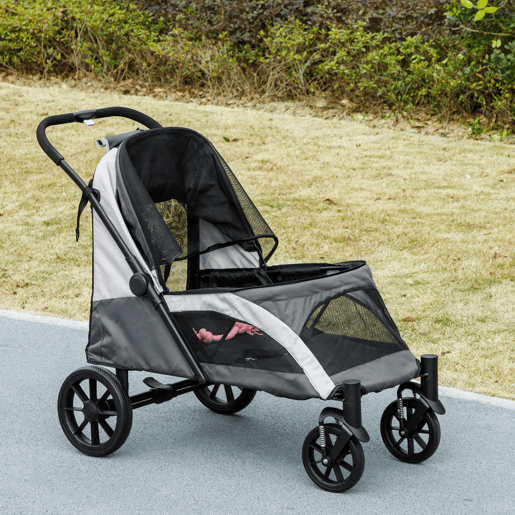 PawHut Carrinho Dobrável para Cães, Carrinho para Cães Grandes até 30 kg com Rodas Grandes, Cintos de Segurança, Amortecedores, Almofada Lavável, Estrutura de Aço, Travão, 124x67x100 cm, Cinzento Escuro