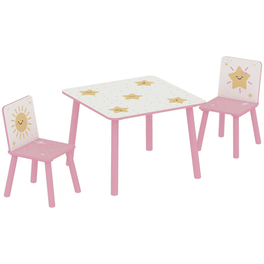 AIYAPLAY Mesa e Cadeiras para Crianças de 3 Peças Mesa Infantil com 2 Cadeiras em Madeira Conjunto de Móveis com Desenhos de Estrelas e Sol para Crianças Acima de 3 Anos para Quarto Sala de Jogos Rosa