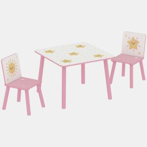AIYAPLAY Mesa e Cadeiras para Crianças de 3 Peças Mesa Infantil com 2 Cadeiras em Madeira Conjunto de Móveis com Desenhos de Estrelas e Sol para Crianças Acima de 3 Anos para Quarto Sala de Jogos Rosa