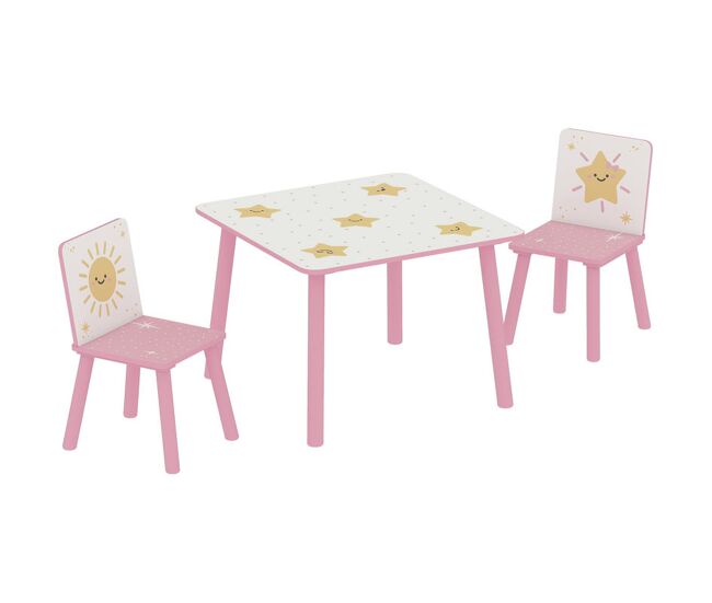Aiyaplay mesa y sillas infantiles de 3 piezas, mesa infantil con 2 sillas de madera de pino, juego de muebles con dibujos de estrella para niños de +3 años, para dormitorio, sala de juegos, rosa