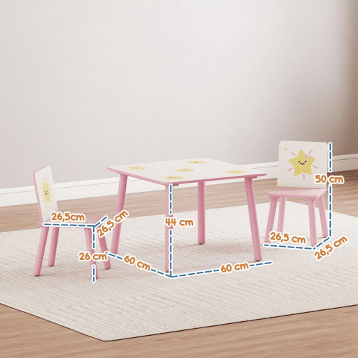 AIYAPLAY Mesa e Cadeiras para Crianças de 3 Peças Mesa Infantil com 2 Cadeiras em Madeira Conjunto de Móveis com Desenhos de Estrelas e Sol para Crianças Acima de 3 Anos para Quarto Sala de Jogos Rosa