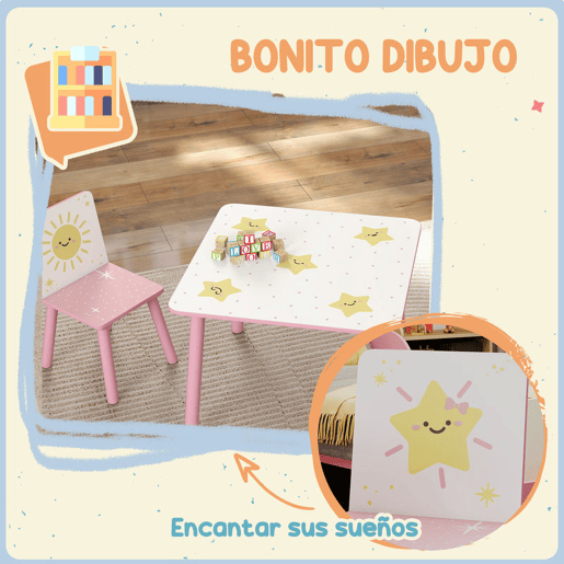AIYAPLAY Mesa e Cadeiras para Crianças de 3 Peças Mesa Infantil com 2 Cadeiras em Madeira Conjunto de Móveis com Desenhos de Estrelas e Sol para Crianças Acima de 3 Anos para Quarto Sala de Jogos Rosa