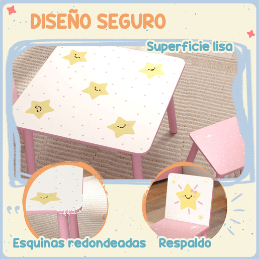 AIYAPLAY Mesa e Cadeiras para Crianças de 3 Peças Mesa Infantil com 2 Cadeiras em Madeira Conjunto de Móveis com Desenhos de Estrelas e Sol para Crianças Acima de 3 Anos para Quarto Sala de Jogos Rosa