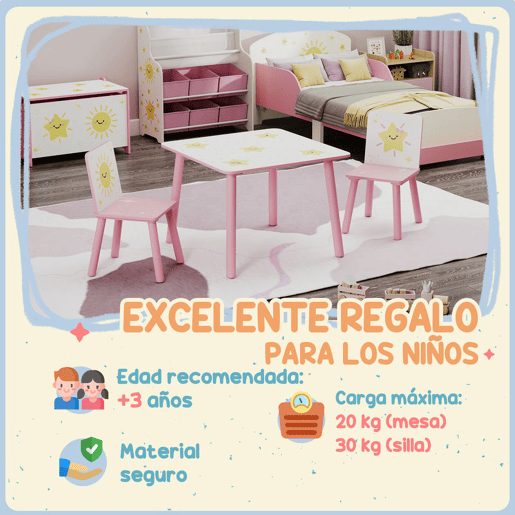AIYAPLAY Mesa e Cadeiras para Crianças de 3 Peças Mesa Infantil com 2 Cadeiras em Madeira Conjunto de Móveis com Desenhos de Estrelas e Sol para Crianças Acima de 3 Anos para Quarto Sala de Jogos Rosa