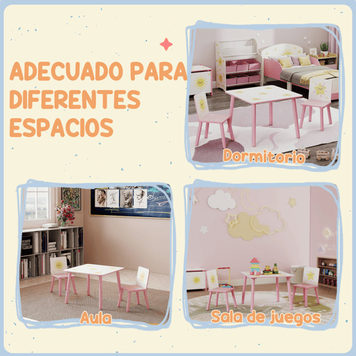 AIYAPLAY Mesa e Cadeiras para Crianças de 3 Peças Mesa Infantil com 2 Cadeiras em Madeira Conjunto de Móveis com Desenhos de Estrelas e Sol para Crianças Acima de 3 Anos para Quarto Sala de Jogos Rosa
