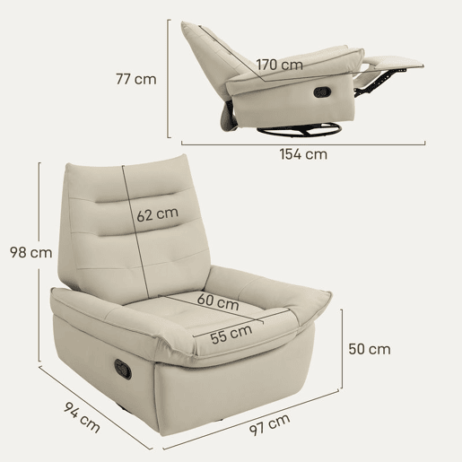 HOMCOM Poltrona Relax Reclinável Manual 3 em 1, Poltrona Relax Giratória, Função de Balanço, Estofada em PU, Apoio para Pés, Assento Largo, Almofadado Espesso, Cadeira Reclinável até 135º, Creme