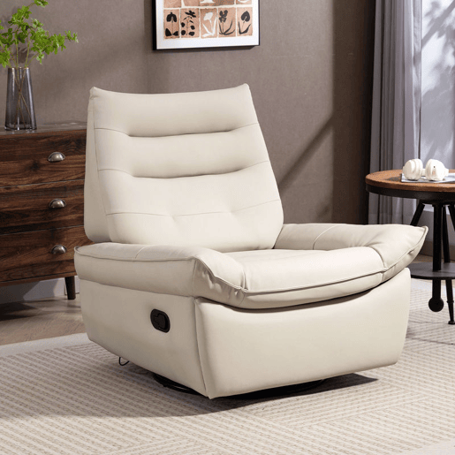 HOMCOM Poltrona Relax Reclinável Manual 3 em 1, Poltrona Relax Giratória, Função de Balanço, Estofada em PU, Apoio para Pés, Assento Largo, Almofadado Espesso, Cadeira Reclinável até 135º, Creme