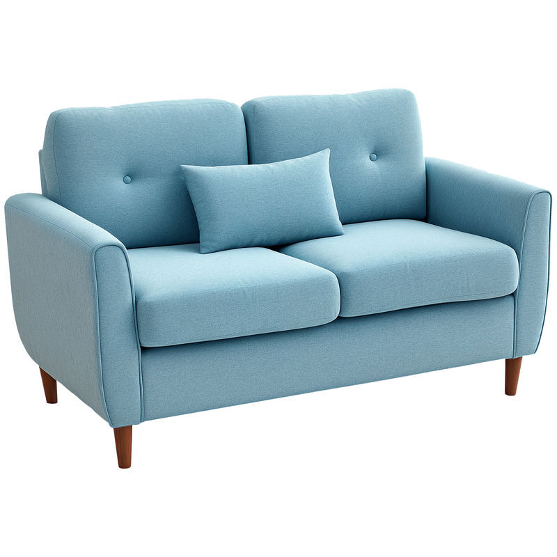 Homcom sofá de 2 plazas, tapizado en lino, sofá de salón moderno con reposabrazos, patas de madera, cojín decorativo con funda lavable, para dormitorio, oficina, 140x78x83 cm, azul claro