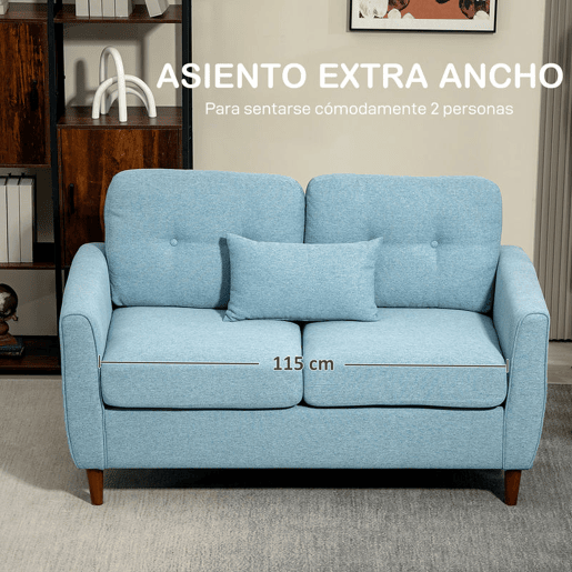 HOMCOM Sofá de 2 Lugares para Sala com Apoio de Braços Almofadas e Assento Acolchoado Capa de Almofada Lavável 140x78x83 cm Azul Claro