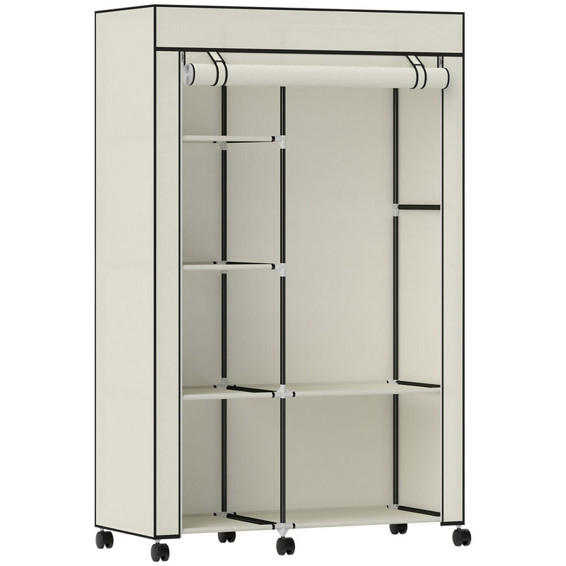 Homcom armario de tela con ruedas, armario portátil, con barra para colgar, 6 estantes, marco de acero, para dormitorio, vestidor, 103x43x162,5 cm,