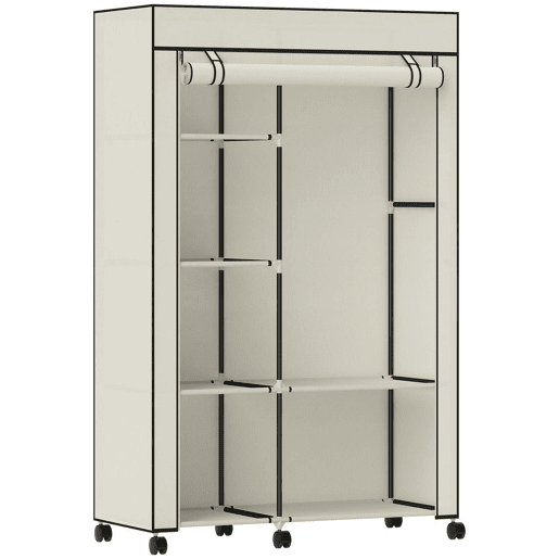 HOMCOM Roupeiro de Tecido Dobrável Armário de Roupa Portátil com 6 Prateleiras 1 Barra de Pendurar e Rodas para Dormitório Vestidor 103x43x162,5 cm Creme
