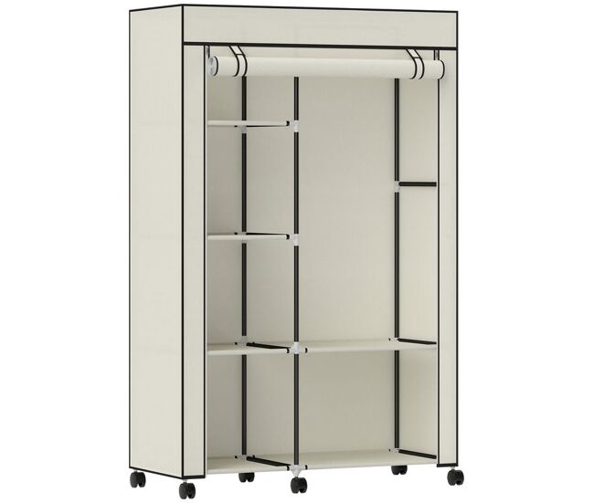 Homcom armario de tela con ruedas, armario portátil, con barra para colgar, 6 estantes, marco de acero, para dormitorio, vestidor, 103x43x162,5 cm,