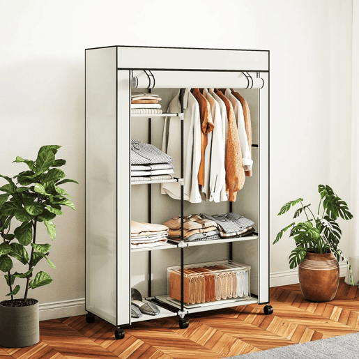 HOMCOM Roupeiro de Tecido Dobrável Armário de Roupa Portátil com 6 Prateleiras 1 Barra de Pendurar e Rodas para Dormitório Vestidor 103x43x162,5 cm Creme