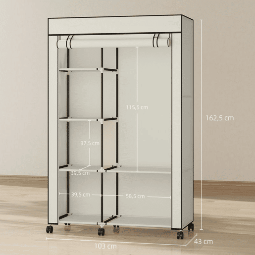 HOMCOM Roupeiro de Tecido Dobrável Armário de Roupa Portátil com 6 Prateleiras 1 Barra de Pendurar e Rodas para Dormitório Vestidor 103x43x162,5 cm Creme