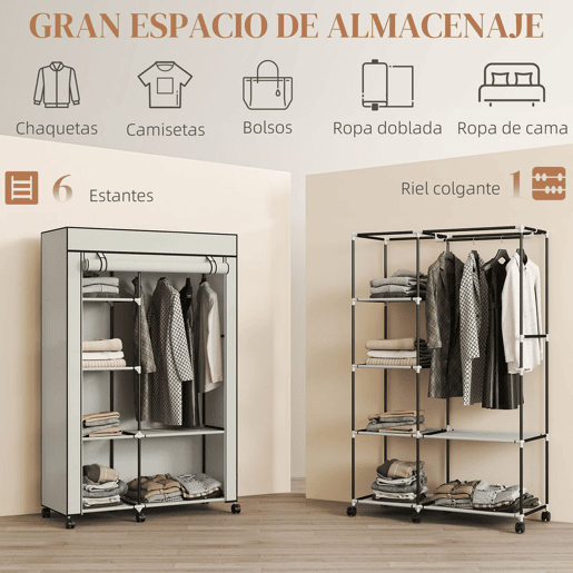 HOMCOM Roupeiro de Tecido Dobrável Armário de Roupa Portátil com 6 Prateleiras 1 Barra de Pendurar e Rodas para Dormitório Vestidor 103x43x162,5 cm Creme