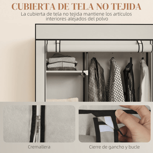 HOMCOM Roupeiro de Tecido Dobrável Armário de Roupa Portátil com 6 Prateleiras 1 Barra de Pendurar e Rodas para Dormitório Vestidor 103x43x162,5 cm Creme