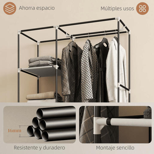 HOMCOM Roupeiro de Tecido Dobrável Armário de Roupa Portátil com 6 Prateleiras 1 Barra de Pendurar e Rodas para Dormitório Vestidor 103x43x162,5 cm Creme