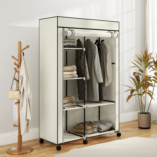HOMCOM Roupeiro de Tecido Dobrável Armário de Roupa Portátil com 6 Prateleiras 1 Barra de Pendurar e Rodas para Dormitório Vestidor 103x43x162,5 cm Creme