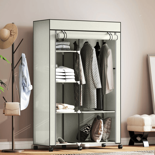 HOMCOM Roupeiro de Tecido Dobrável Armário de Roupa Portátil com 6 Prateleiras 1 Barra de Pendurar e Rodas para Dormitório Vestidor 103x43x162,5 cm Creme