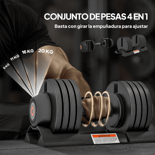 SPORTNOW Conjunto de Pesos Ajustável de 20 kg Haltere para Exercício com Ajuste Rápido de Peso com Base de Armazenamento e Pega Antiderrapante para Treino em Casa e Ginásio Ø18x37 cm Preto