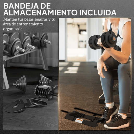 SPORTNOW Conjunto de Pesos Ajustável de 20 kg Haltere para Exercício com Ajuste Rápido de Peso com Base de Armazenamento e Pega Antiderrapante para Treino em Casa e Ginásio Ø18x37 cm Preto