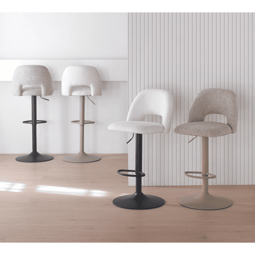 Pacote com 2 banquetas, estofadas em chenille creme e com pés de metal cinza