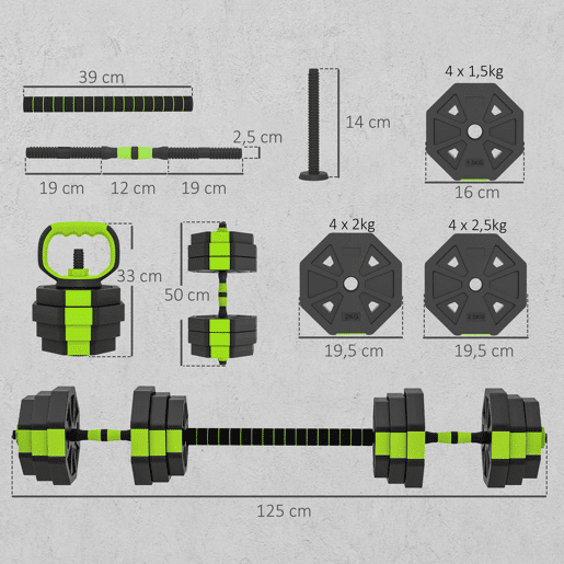 SPORTNOW Conjunto de Halteres Ajustáveis 4 em 1 25 kg Conjunto de Pesos Utilizado como Kettlebell Barra Halteres ou Suporte para Flexões Equipamento de Fitness para Homens e Mulheres Ginásio em Casa