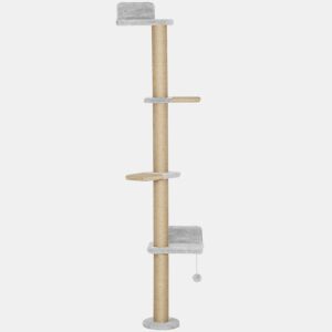 PawHut Arranhador para Gatos de Parede de 5 Níveis Estreito com Bola de Brinquedo e Arranhadores de Sisal 48x21x180 cm Cinza Claro