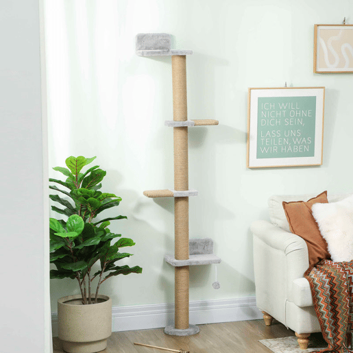 PawHut Arranhador para Gatos de Parede de 5 Níveis Estreito com Bola de Brinquedo e Arranhadores de Sisal 48x21x180 cm Cinza Claro
