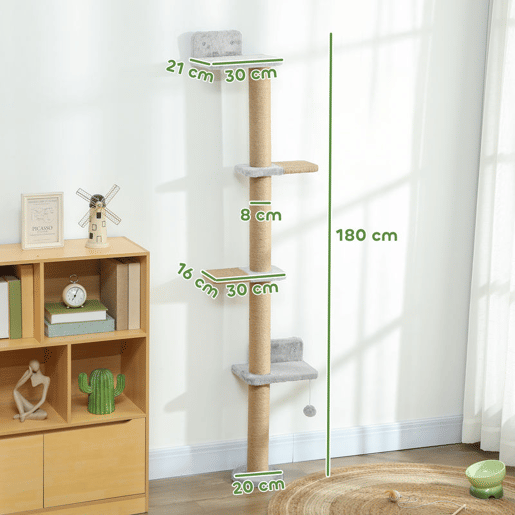 PawHut Arranhador para Gatos de Parede de 5 Níveis Estreito com Bola de Brinquedo e Arranhadores de Sisal 48x21x180 cm Cinza Claro