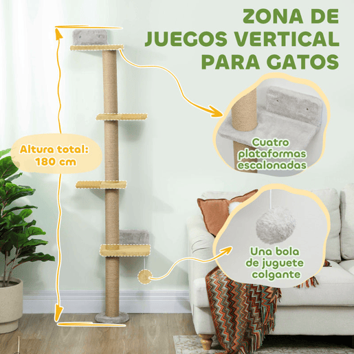 PawHut Arranhador para Gatos de Parede de 5 Níveis Estreito com Bola de Brinquedo e Arranhadores de Sisal 48x21x180 cm Cinza Claro